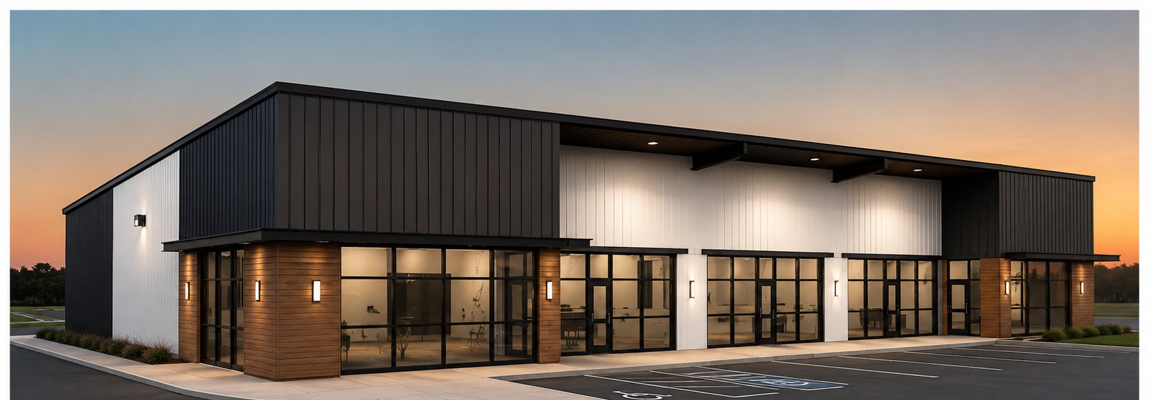 Building 1 — Retail frontage rendering at dusk