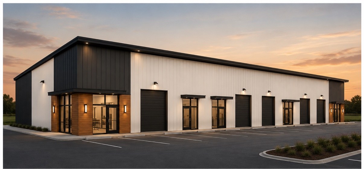 Building 3 — flex building rendering with five overhead doors