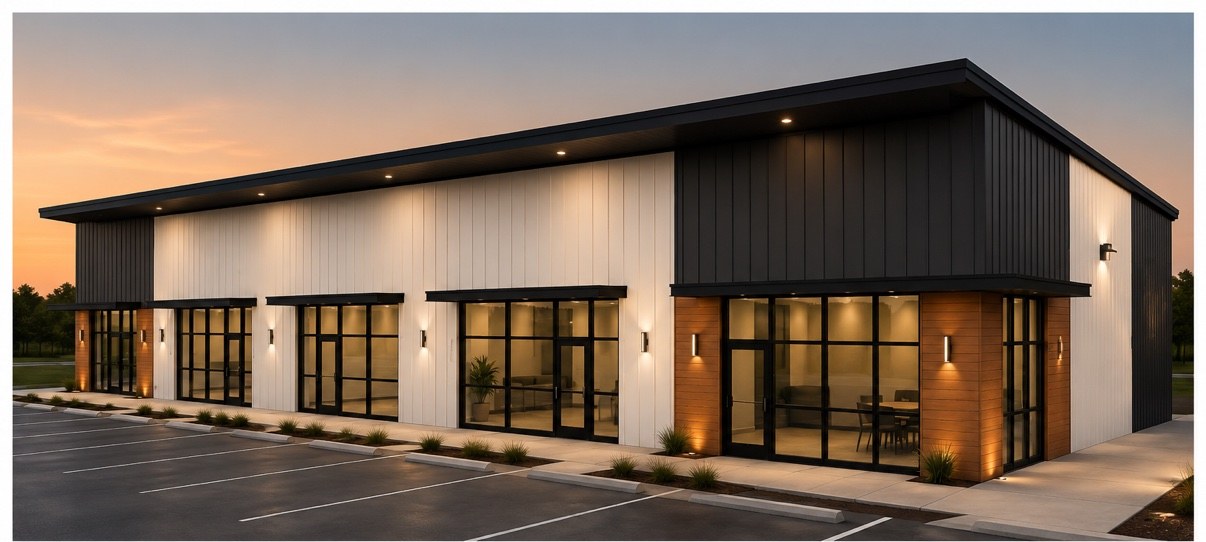 Building 4 — flex leasing building rendering at dusk