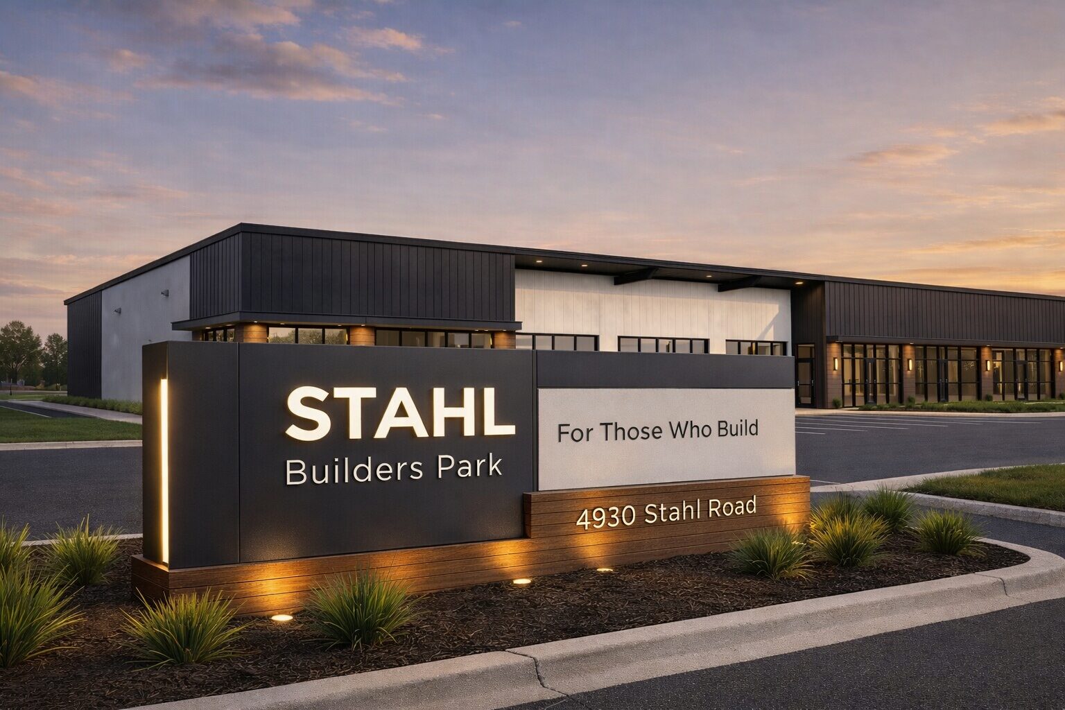 Stahl Builders Park monument sign at dusk
