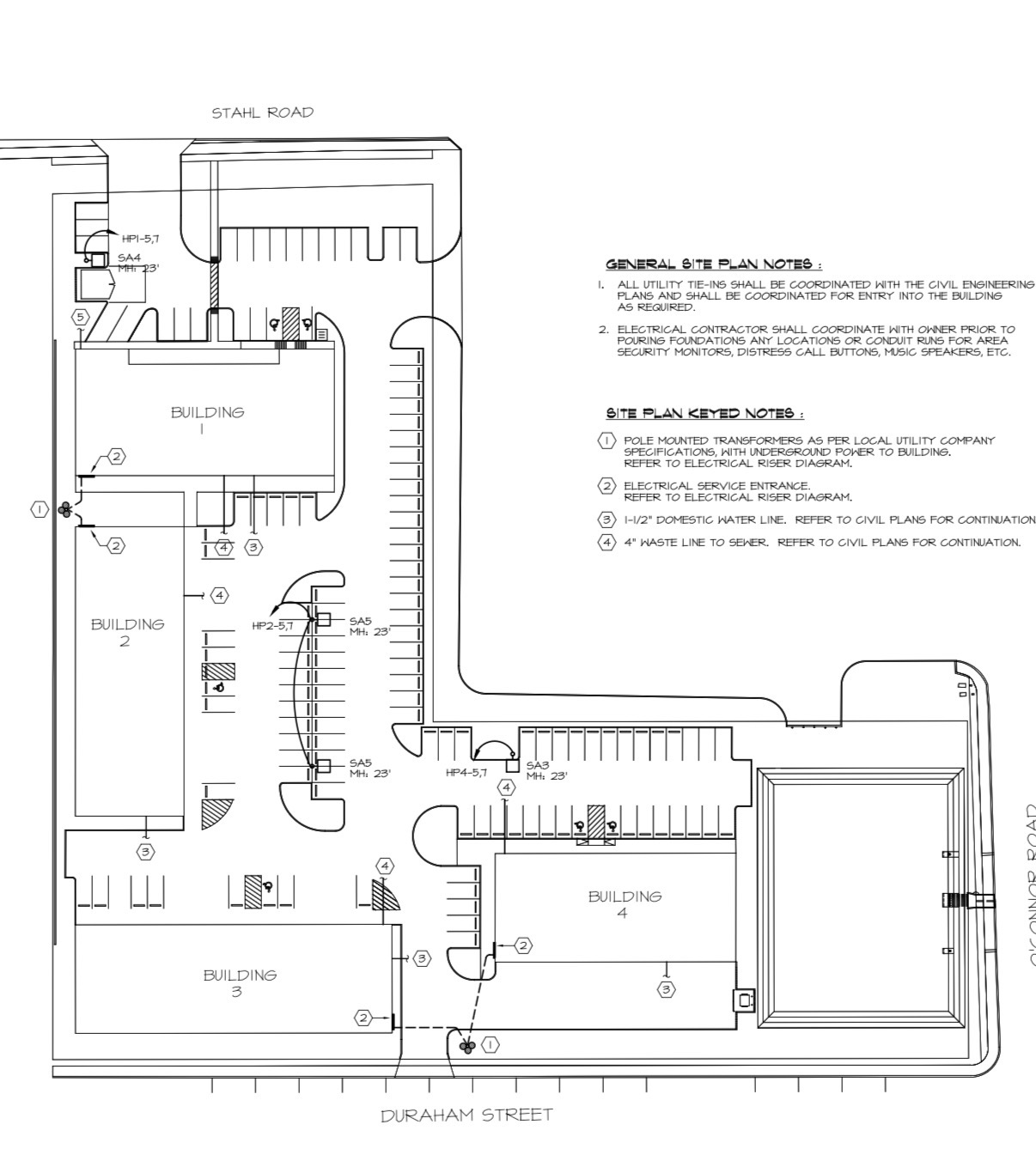 Stahl Builders Park site plan showing Buildings 1–4, parking, Stahl Road, Duraham Street and O'Connor Road